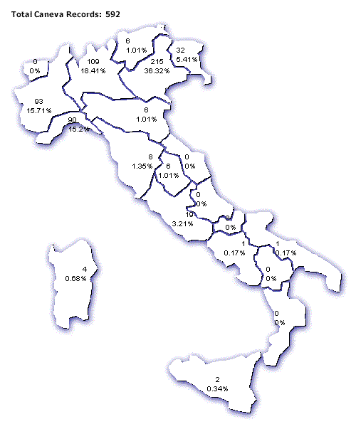Map of locations of Caneva phone numbers in Italy
